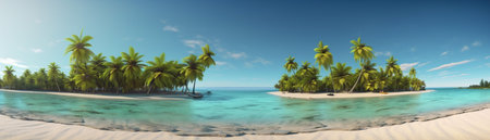 Beautiful beach with palms and turquoise sea  Art Summer vacation ocean with island on background, Generative AIの素材