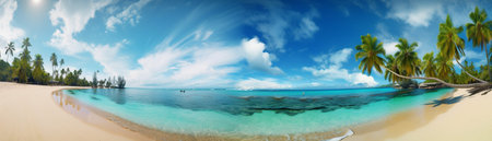 Beautiful beach with palms and turquoise sea  Art Summer vacation ocean with island on background, Generative AIの素材
