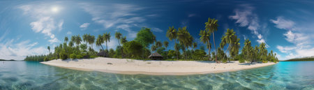Beautiful beach with palms and turquoise sea  Art Summer vacation ocean with island on background, Generative AIの素材