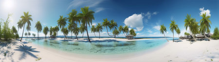 Beautiful beach with palms and turquoise sea  Art Summer vacation ocean with island on background, Generative AIの素材