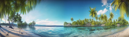 Beautiful beach with palms and turquoise sea  Art Summer vacation ocean with island on background, Generative AIの素材