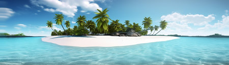 Beautiful beach with palms and turquoise sea  Art Summer vacation ocean with island on background, Generative AIの素材
