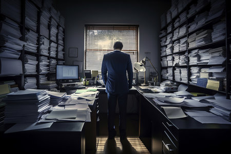 business man looking in a busy document and monitor at desktop, generative AI.の素材