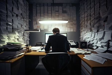 business man looking in a busy document and monitor at desktop, generative AI.の素材