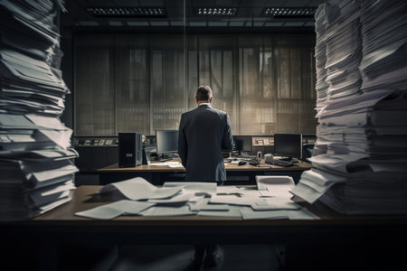 business man looking in a busy document and monitor at desktop, generative AI.の素材