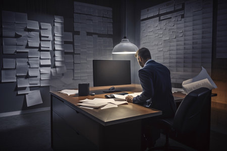 business man looking in a busy document and monitor at desktop, generative AI.の素材