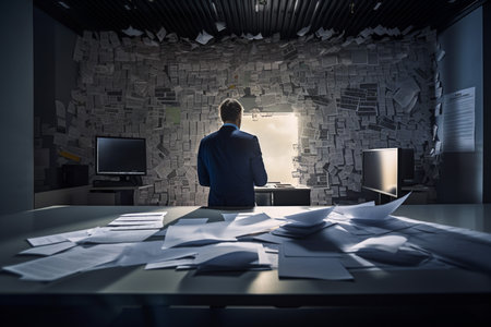 business man looking in a busy document and monitor at desktop, generative AI.の素材