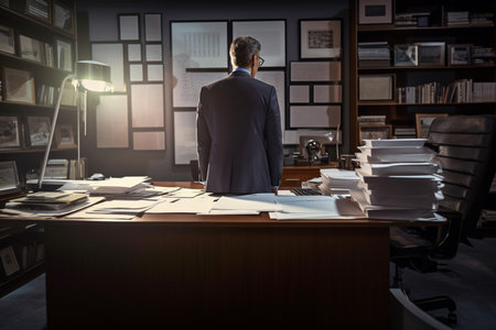 business man looking in a busy document and monitor at desktop, generative AI.の素材