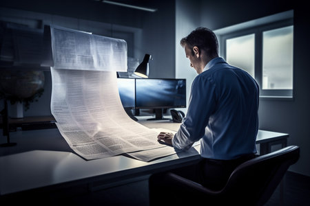 business man looking in a busy document and monitor at desktop, generative AI.の素材