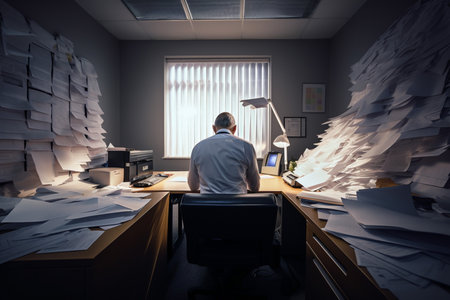 business man looking in a busy document and monitor at desktop, generative AI.の素材