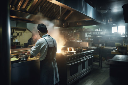 Back of Professional chef cooking in a busy restaurant kitchen, generative aI.の素材
