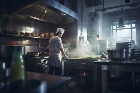 Back of Professional chef cooking in a busy restaurant kitchen, generative aI.の素材