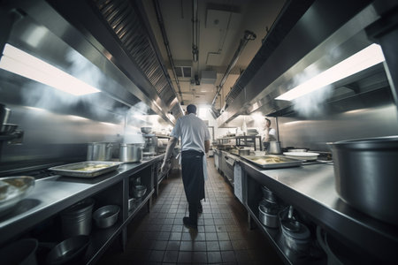 Back of Professional chef cooking in a busy restaurant kitchen, generative aI.の素材