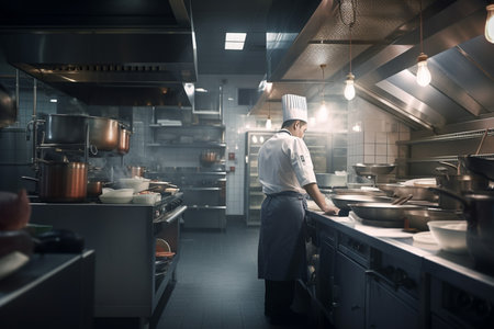 Back of Professional chef cooking in a busy restaurant kitchen, generative aI.の素材
