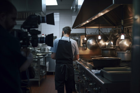Back of Professional chef cooking in a busy restaurant kitchen, generative aI.の素材