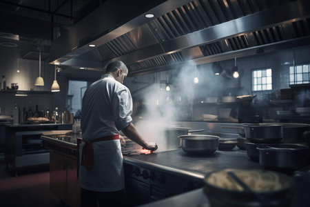 Back of Professional chef cooking in a busy restaurant kitchen, generative aI.の素材