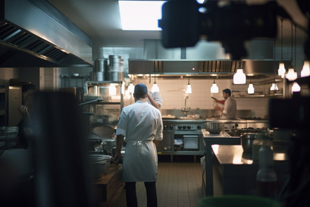 Back of Professional chef cooking in a busy restaurant kitchen, generative aI.の素材