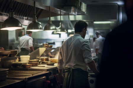 Back of Professional chef cooking in a busy restaurant kitchen, generative aI.の素材
