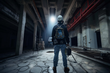 Confident Civil Engineer Architect Wearing a Hard Hat Standing in a Construction or industry site, generative AIの素材