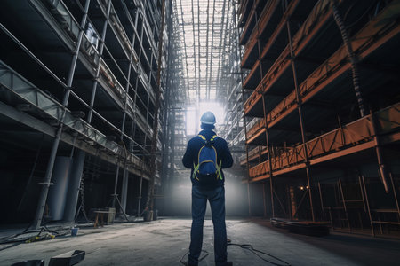 Confident Civil Engineer Architect Wearing a Hard Hat Standing in a Construction or industry site, generative AIの素材