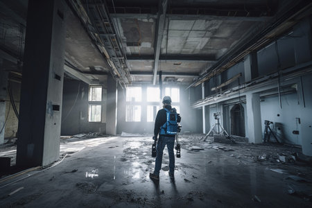 Confident Civil Engineer Architect Wearing a Hard Hat Standing in a Construction or industry site, generative AIの素材