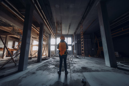 Confident Civil Engineer Architect Wearing a Hard Hat Standing in a Construction or industry site, generative AIの素材