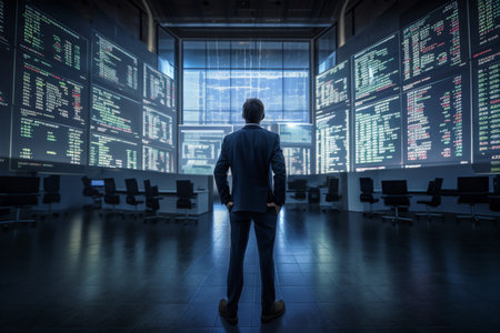 Back view of manager Trader is working or looking at stock chart charts and data analysis graphs on stock market, generative AIの素材