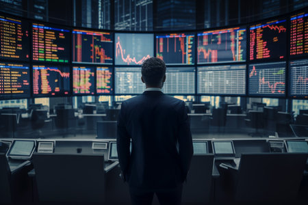 Back view of manager Trader is working or looking at stock chart charts and data analysis graphs on stock market, generative AIの素材