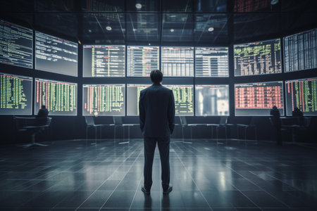 Back view of manager Trader is working or looking at stock chart charts and data analysis graphs on stock market, generative AIの素材