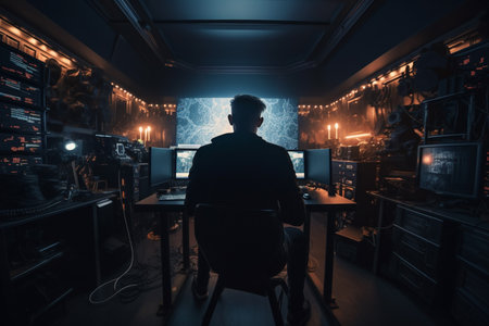 Rear view of a man sitting in front of a computer monitor in a dark roomの素材