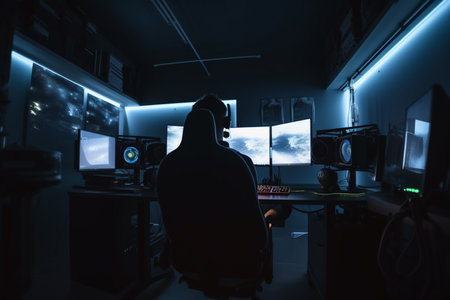 Cyber security guard monitoring modern CCTV cameras in surveillance room at nightの素材