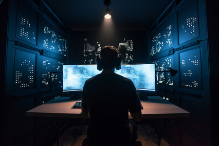 Back view of a man sitting at the table and looking at the computer monitor in the dark room.の素材