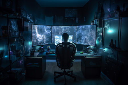 Cyber security concept. Silhouette of a man in a dark room with computer monitors and screens. Mixed mediaの素材