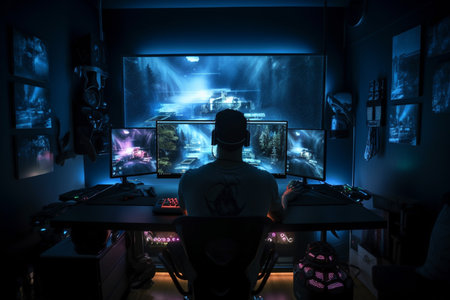 Young man playing video games on computer in dark room with neon lights. Cyberpunk styleの素材