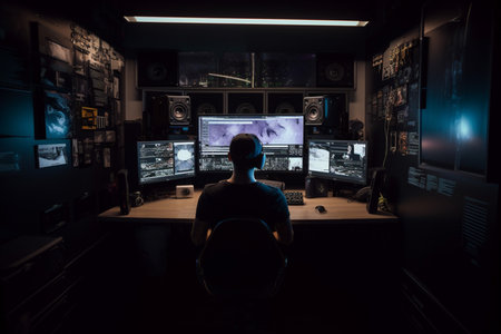 Rear view of a male hacker in a dark room with computers. Cybercrime concept.の素材