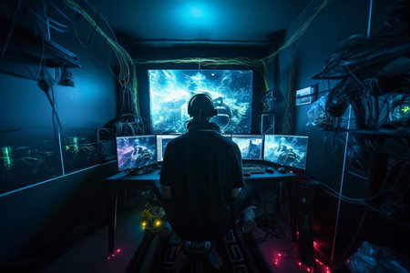 Man playing computer games in dark room with neon lights and smoke. Selective focusの素材