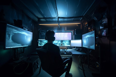 Professional cyber security guard working in surveillance room. Computer security concept.の素材