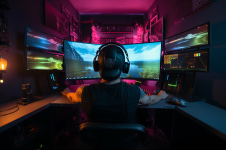 Young man playing video games on computer in dark room with neon lights.の素材