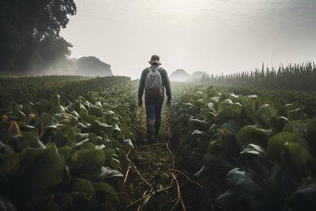 Rear view of a hiker walking through a tobacco field in the morningの素材