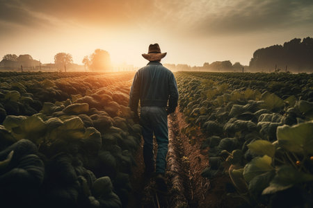 farmer man on field in nature farm or food agriculture industry management in sunshine countryside generative AI.の素材