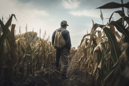 farmer man on field in nature farm or food agriculture industry management in sunshine countryside generative AI.の素材