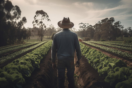 farmer man on field in nature farm or food agriculture industry management in sunshine countryside generative AI.の素材