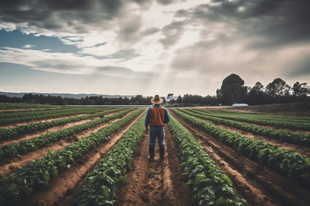 Rear view of a man standing in a field of beet plants.の素材