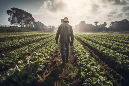 farmer man on field in nature farm or food agriculture industry management in sunshine countryside generative AI.の素材