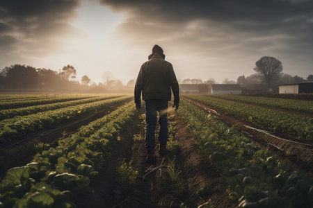 farmer man on field in nature farm or food agriculture industry management in sunshine countryside generative AI.の素材