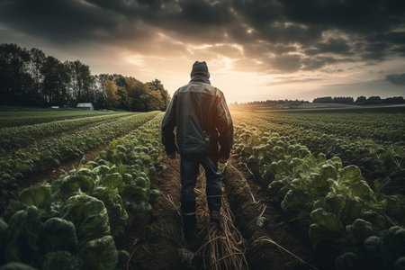 farmer man on field in nature farm or food agriculture industry management in sunshine countryside generative AI.の素材