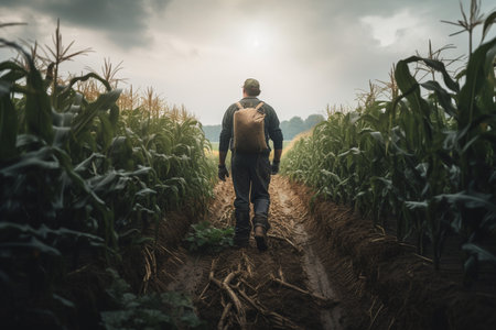 farmer man on field in nature farm or food agriculture industry management in sunshine countryside generative AI.の素材