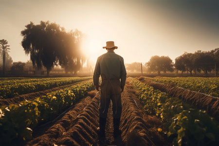 farmer man on field in nature farm or food agriculture industry management in sunshine countryside generative AI.の素材