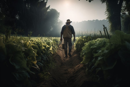 farmer man on field in nature farm or food agriculture industry management in sunshine countryside generative AI.の素材
