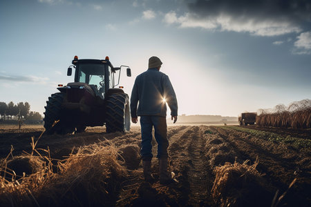 farmer man on field in nature farm or food agriculture industry management in sunshine countryside generative AI.の素材